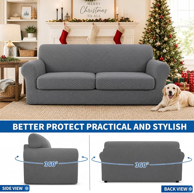 YEMYHOM Latest Checkered 3 Pieces Couch Covers for 2 Cushion Couch High Stretch Sofa Cover with 2 Extra Large Seat Cushion Covers Anti Slip Elastic Slipcovers (Light Gray), 71"-91"(2 Cushions) - Image 2