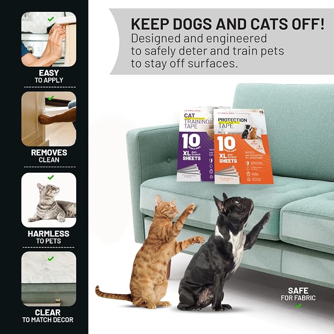 CLAWGUARD Bundle Pack – Cat Deterrent Tape & Dog Protection Tape – 20 Total Sheets (10 Double & 10 Single-Sided) – Anti Scratch Furniture Protector - Image 3