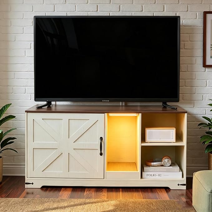 Cat Litter Box Enclosure, 43" Farmhouse Litter Box Furniture with Storage, Lights, Cardboard, Indoor TV Stand Wood Cat House Washroom End Side Table, White - Image 7