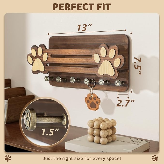 MTERSN Decorative Dog Leash Holder for Wall - Dog Accessories Organizer with Floating Shelf and 6 Key Hooks – Key Holder Wall Mount for Cute Stuff & Rustic Home Decor (Brown) - Image 2