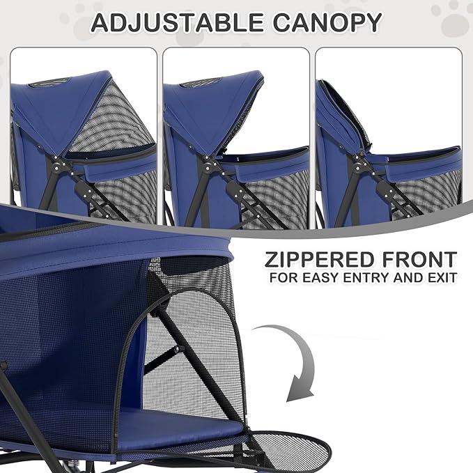 MoNiBloom 4 Wheels Pet Stroller, Easy-Fold Puppy Cage Jogger Stroller with Sun Cover, Pad and Rear Storage Bag, Breathable and Visible Mesh for Small/Medium Pets up to 22 lbs, Navy Blue