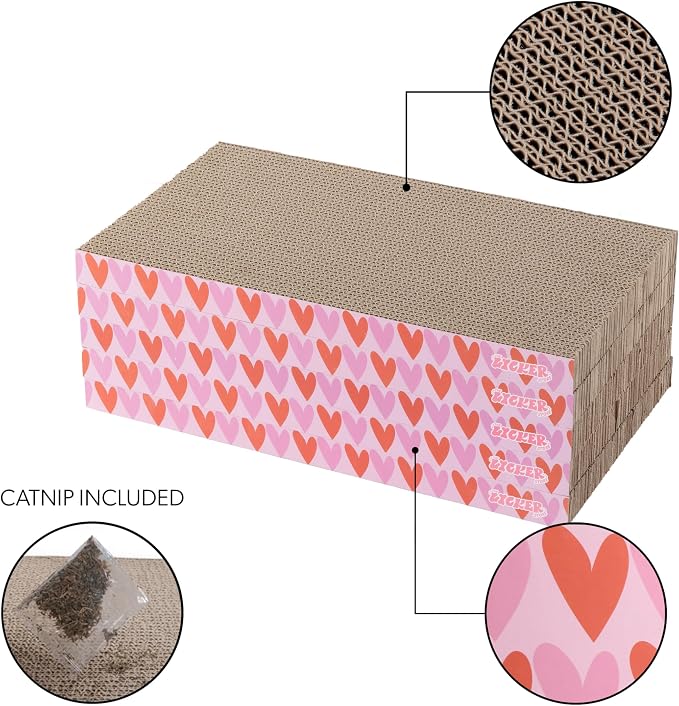 Naomi 18" x 10" Reversible Corrugated Cardboard Cat Scratcher Pads with Catnip, 5-Pack, Pink/Red Hearts Pattern Modern Furniture Protector CSR1009E - Image 4