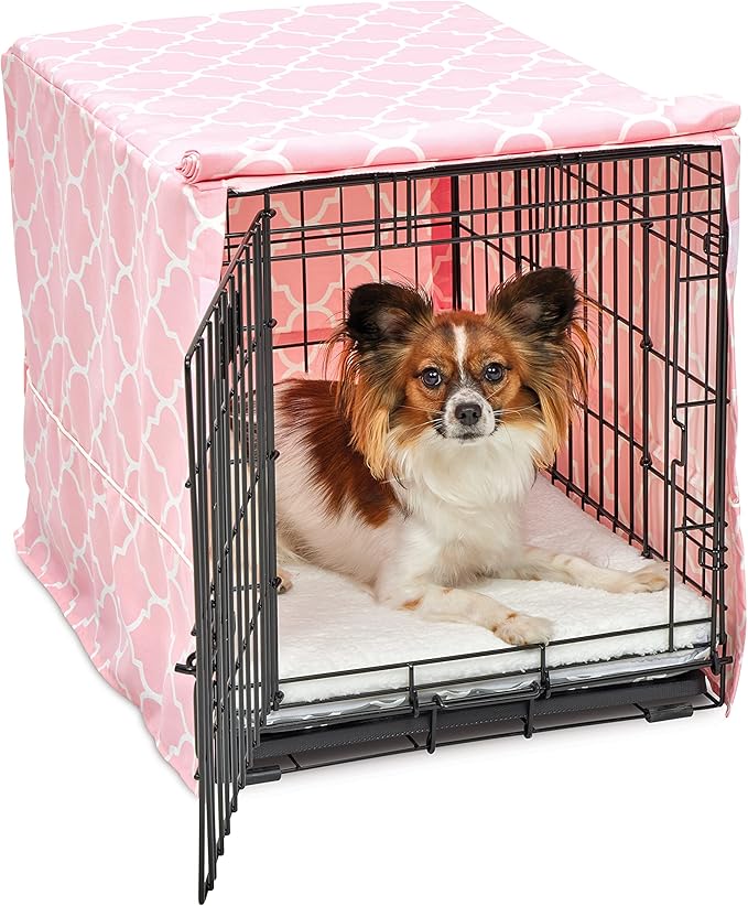 MidWest Homes for Pets Small Dog Crate Cover Featuring Teflon Fabric Protector, Poly-Cotton Privacy Kennel Cover Fits Most 24-inch Crates, Pink Designer Print, Machine Washable, Reduces Barking by NewWorldPetProducts