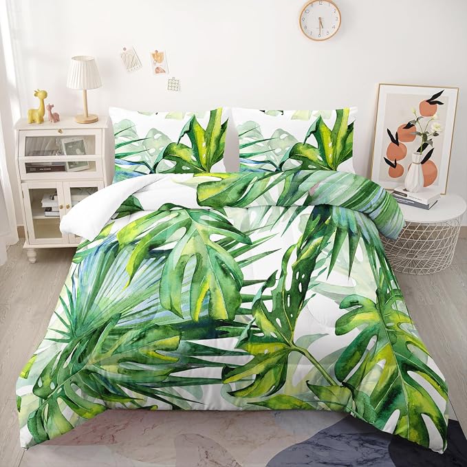 Nttopship Tropical Plants Comforter Sets，Bedding Set King Size for Kids,Green Plant Leaf Tie Dyeing Comforter Sets All Season 1 Comforter and 2 Pillowcases by Nttopship