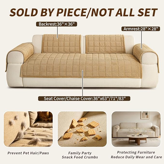 Velvet Couch Covers for Sectional Sofa Washable, Non-Slip L Shaped Sectional Couch Cover, Soft Pet Couch Covers for Sofa, Furniture Slipcovers for Loveseat(1PC,35"x63",Light Brown) - Image 4