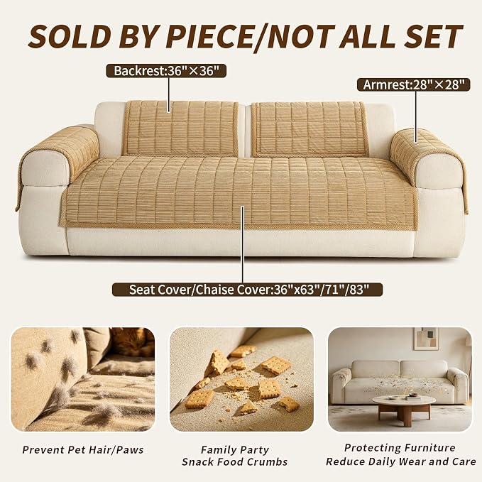 Velvet Couch Covers for Sectional Sofa Washable, Non-Slip L Shaped Sectional Couch Cover, Soft Pet Couch Covers for Sofas, Furniture Slipcovers for Single Sofa(1PC,35"x35",Light Brown) - Image 5
