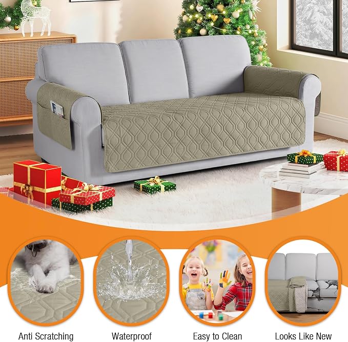 VANSOFY Waterproof Couch Cover for Pets, Taupe, 67.3" | Non-Slip, Washable, Utility Pockets, Pet Friendly, Furniture Protector Slipcover for 3 Cushion Couch - Image 4