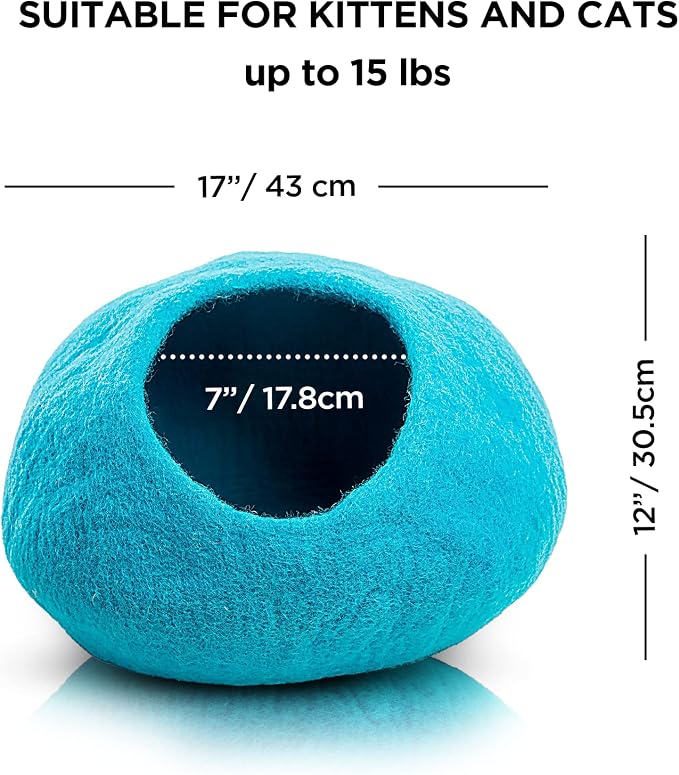 Woolygon Premium Felt Cat Cave Bed – Wool Kitty Beds Handcrafted Kitten Caves Bed for Indoor Cats - Made from Merino Wool, Foldable Cat Hideaway Covered Cat House Pod (Blue Plain) - Image 2