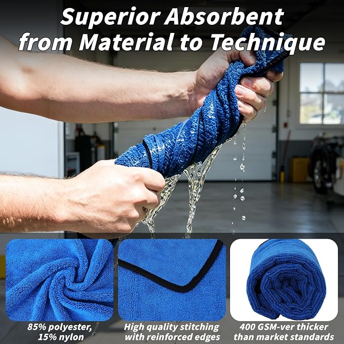 20 Pack Microfiber Towels for Cars, 24" x 16" Dual-Sided Car Drying Towel | 400 GSM Highly Absorbent, Lint-Free Microfiber Cleaning Cloths for Scratch-Free Drying, Detailing, Buffing, Polishing Cars - Image 4