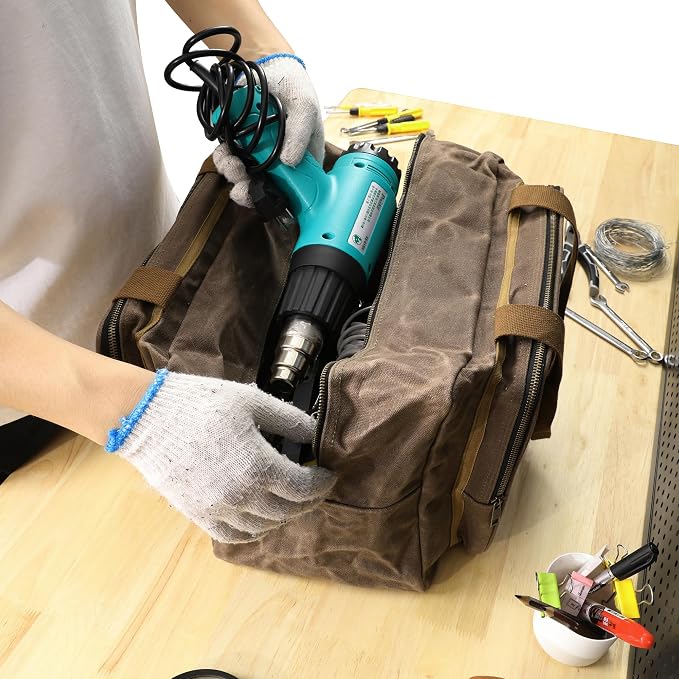 Kaaltisy 16oz Waxed Canvas Tool Bag – Robust Zipper Garden Tools Tote with 3 Compartments & Padded Handle (Grey) – Tool Organizer for Gardening Wire Cutters Goggles - Image 8