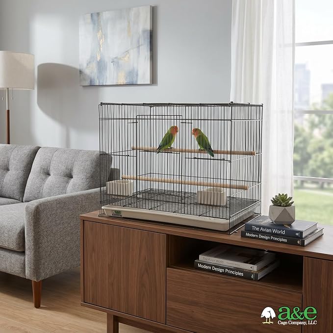 A&E Cage Co 504 Flight Bird Cage for Finches & Parakeets, 30"x18"x18" Black | 2 Slide-Up Feeder Doors, Wood Perch, Slide-Out Cleaning Tray, Carry Handle, Roomy Flight Space for Canaries - Image 6