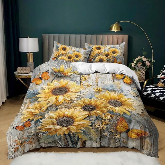 AILONEN Sunflower Floral Duvet Cover Set,Yellow Flower Butterfly Bedding Sets King Size,Farmhouse Wood Country Wooden Comforter Cover with 2 Pillowcase,Soft Microfiber,3Pcs by AILONEN
