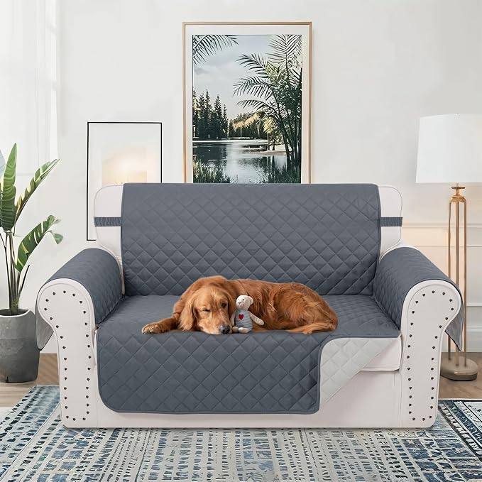 Reversible 45" Small Loveseat Sofa Covers, Dark Blue | Loveseat Covers for Dogs Water Repellent, Friendly Furniture Protector with Elastic Straps for Living Room - Image 2