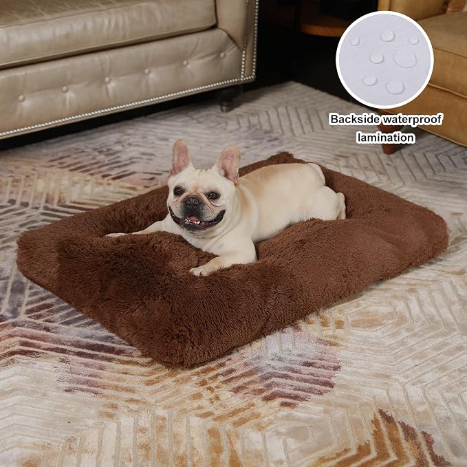 Bedfolks Plush Waterproof Dog Crate Bed, Pad with Removable Cover, Faux Fur, Washable Kennel Bed 29"x21", Solid Brown - Image 2