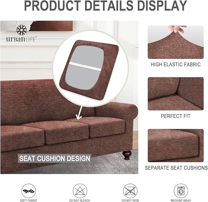 URBANLIFE 4-Piece Stretch Sofa Covers for 3 Cushion Couch, Chocolate | Super fitted spandex slipcovers for couches. Non-slip elastic bottom. Machine washable furniture protector for kids & pets. - Image 7