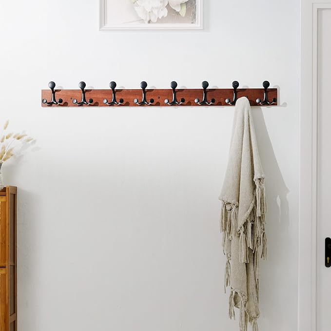 SKOLOO 43-Inch Cherry Wood Coat Rack Wall Mount with 8 Triple Hooks - Ideal for Family Entrances, Classrooms, and Pet Supplies Storage - Perfect Coat Hooks for Wall, Pack of 2 - Image 3