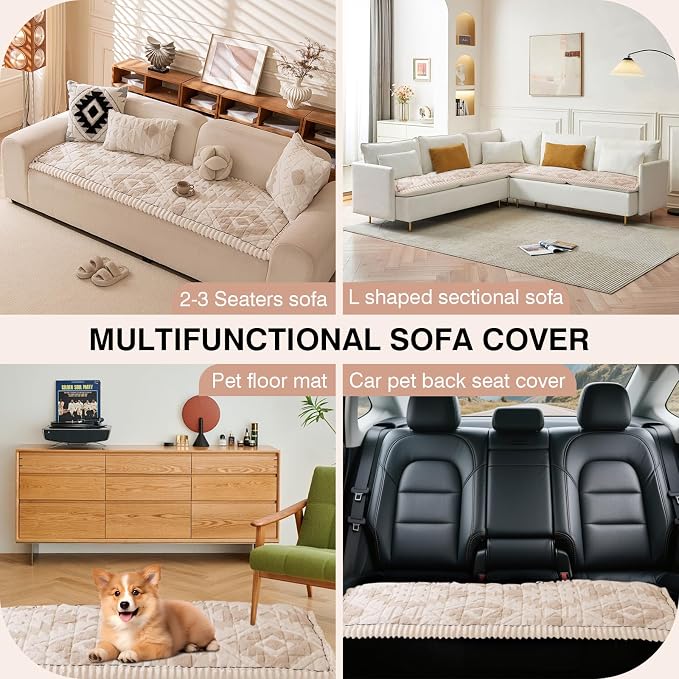 STACYPIK Modern Geometric Beige Couch Cover for Dogs Washable, Thickened Fuzzy Pet Sofa Covers for 2 Cushion Couch Pet Friendly, Non Slip Sofa Protector for Sectional Multi-use Dog Bed Mat-27.6X59.1IN - Image 5