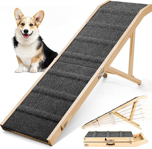 𝟐𝟎𝟐𝟔 𝐔𝐩𝐠𝐫𝐚𝐝𝐞𝐝 Dog Ramp for Bed, 64" Long Foldable Pet Ramp for Small Large Dogs, Dog Ramps for High Beds Car, High Traction with Platform 6 Adjustable Heights 24" to 30" Up to 220LBS Black