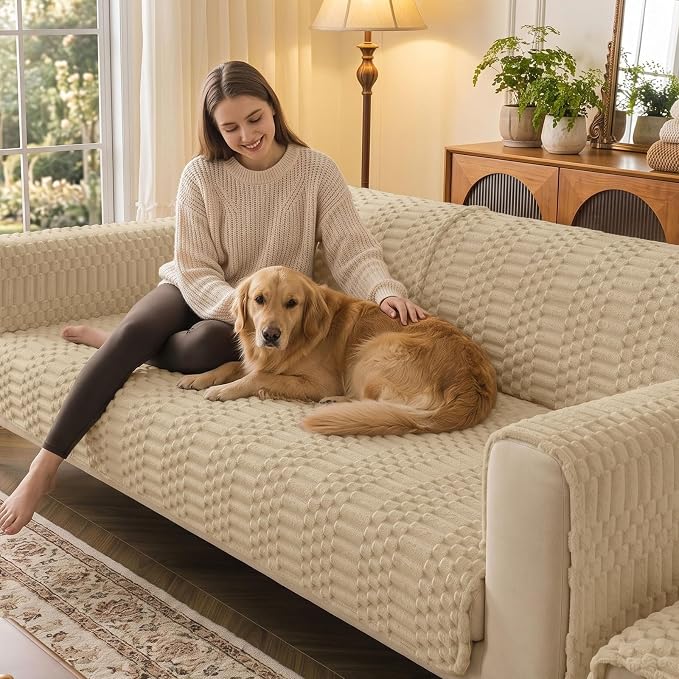 Smiry Waterproof Couch Covers for Dogs Washable, Non Slip Pet Sofa Cover | Plush Scratch Resistant Flannel Furniture Protector for Dogs, Khaki, 43" x 82.7" - Image 2