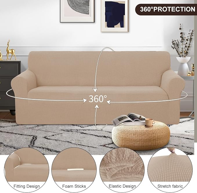 U-NICE HOME Oversized Stretch Couch Cover Slipcover, Camel | 3 Cushion Sofa, 1-Piece Sofa cover, Washable, Pet friendly, Furniture protector, Polyester Spandex Jacquard fabric - Image 3