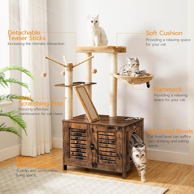 HOOBRO Cat Tree with Litter Box Enclosure, 44" Tall Wooden Cat Tower with Scratching Posts, Cat Hammock, Hidden Litter Box Furniture, All-in-One Indoor Cat Condo, Rustic Brown FG48MZ03 - Image 5