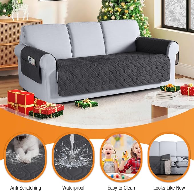 VANSOFY Waterproof Couch Cover for Pets, Charcoal Gray, 67.3" | Non-Slip, Washable, Utility Pockets, Pet Friendly, Furniture Protector Slipcover for 3 Cushion Couch - Image 4