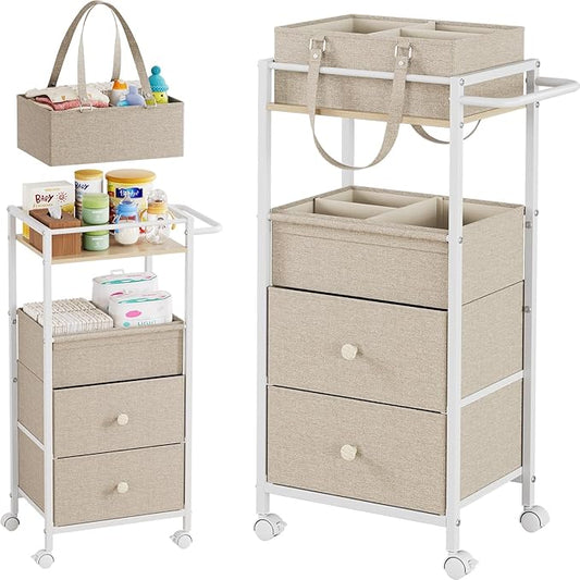 3In1 Modanais Baby Diaper Caddy Organizer Cart with Drawers, Off White | Rolling Storage Cart, Removable Diaper Caddy, Detachable Dividers - for Crib, Bedroom, Art & Craft Organizer by HomeOrganizersandStorage