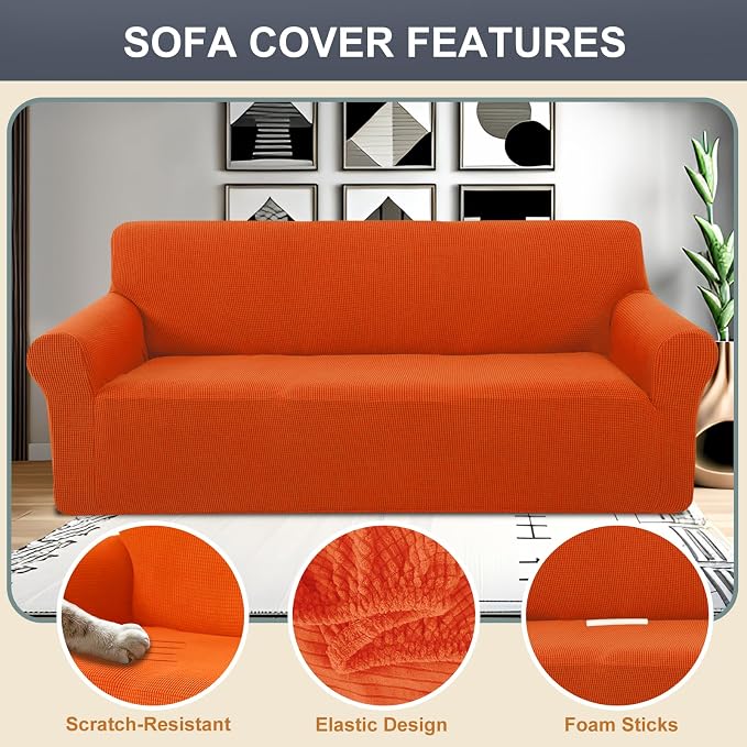 Stretch loveseat Covers Washable Sofa Slipcover, Orange | 1 Piece Couch Covers for Sofa Furniture Protector with Non Skid Foam and Elastic Bottom for Kids, Dogs - Image 3