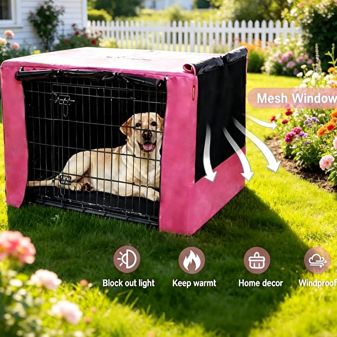 HiCaptain Breathable Dog Crate Cover 24 Inch, Durable Heavy Duty Kennel Cover, Dual Zippered Panels, Windproof Waterproof UV-Resistant (Pink) - Image 3