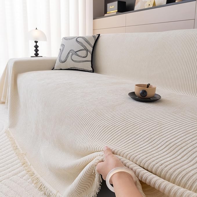 DREAMINGO Modern Minimalist Sofa Covers Washable Pet Furniture Protector Couch Cover for Dogs Cozy Chenille Couch Cover Blanket Stripe Textured Sectional Couch Slipcovers (Large, Cream White) - Image 4