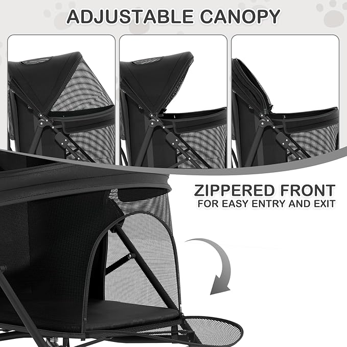 MoNiBloom 4 Wheels Pet Stroller, Easy-Fold Puppy Cage Jogger Stroller with Sun Cover, Pad and Rear Storage Bag, Breathable and Visible Mesh for Small/Medium Pets up to 22 lbs, Black