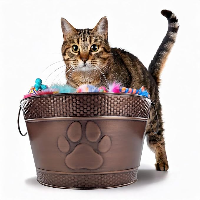 BREKX Metal Indestructible Dog Toy Bin - Chew-Proof Storage Bin | Copper Finish Farmhouse Organizer Storage Basket for Pet Toys, Blankets, Leashes with a Embossed Paw-Print - Image 5