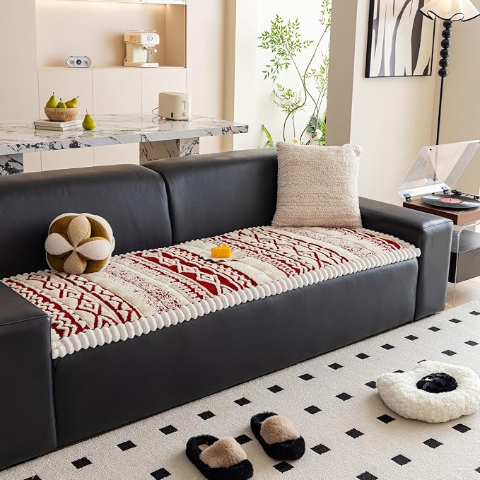 VClife Boho Couch Cover, Soft Fuzzy Couch Covers for Dog, Non-Slip Furniture Protector, Washable Durable Sofa Covers for Couch/Bench, Tribal White Red Geometric Slipcover, 27.6" x 59.1" - Image 8