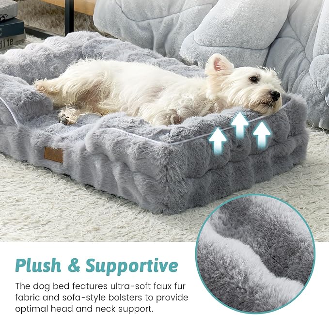 COZY KISS Orthopedic Dog Bed for Medium Small Size Dog, Soft and Warm Faux Fur Sofa for Pet Up to 40 lbs, Foam Bolster Anti-Slip Couch with Washable Removable Cover, M 30x20x6.5 inch, Grey - Image 3