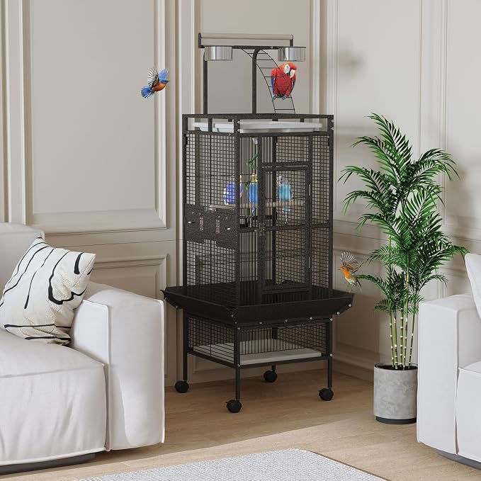 Garveehome 60 Inch Wrought Iron Large Bird Cage with Play Top, Stand | Rolling Metal Black Parrot Cage with 4 Stainless Steel Bowls for African Grey Cockatiel Sun Parakeet Conure Lovebird Budgie - Image 7