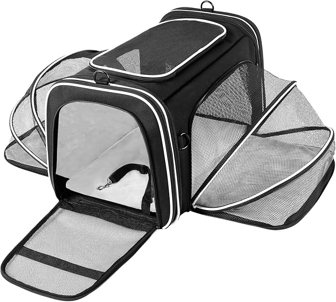 TSA Airline Approved Large Pet Travel Carrier,4 Sides Expandable with 2 Mesh Pockets,3 Entry, Soft Sided Collapsible Dog Carrier for 2 Cats,Kittens,Puppies,Dog, X-Large, Black & White