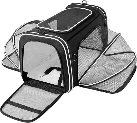 TSA Airline Approved Large Pet Travel Carrier,4 Sides Expandable with 2 Mesh Pockets,3 Entry, Soft Sided Collapsible Dog Carrier for 2 Cats,Kittens,Puppies,Dog, X-Large, Black & White
