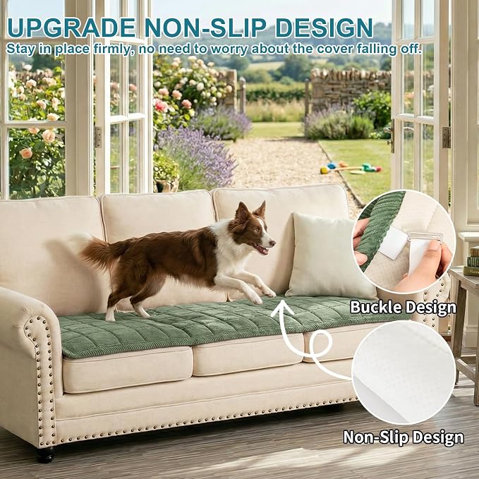 KRFOONN Couch Cover for Dogs Washable Sofa Covers for 3 Cushion Non-Slip Fuzzy Couch Cushion Covers Sofa Slipcovers Couches Furniture Protector with Elastic Straps for Dogs Pets Mat(Green,27.6" x 59") - Image 4