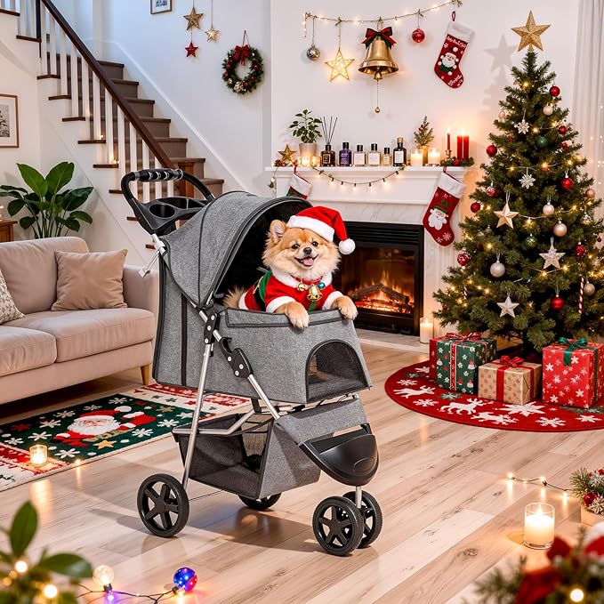 MoNiBloom 3 Wheels Pet Dog Cat Stroller for Small Medium Dogs and Cats, Lightweight Foldable Jogger Stroller w/Storage Basket and Cup Holder, Gray