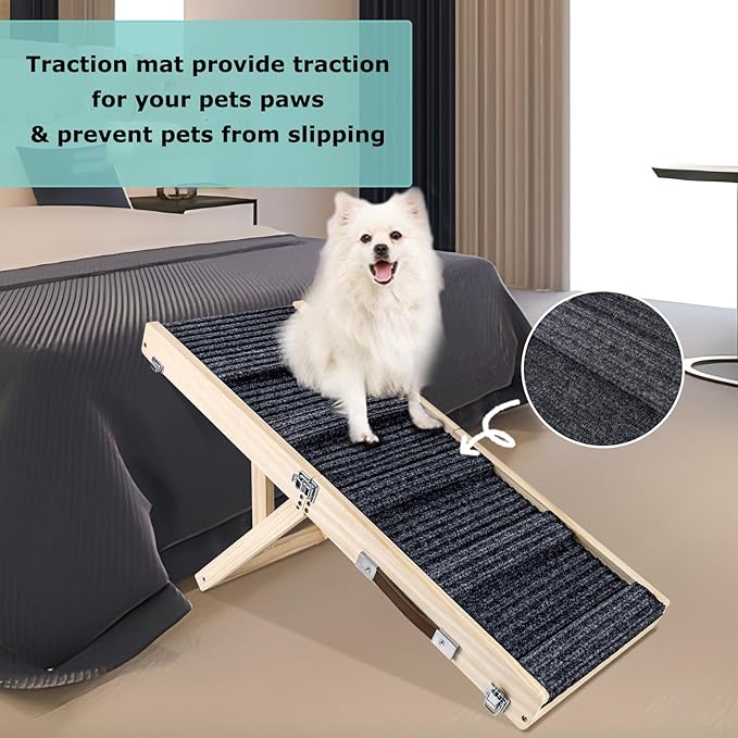 Wooden Folding Portable Pet Ramp. 4 Levels Adjustable 9" to 17.3" with Non-Slip 5 Paw Traction Mat for Small Medium Doggie. Dog Ramps-GY