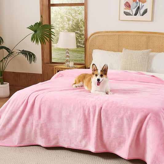 Sunheir Waterproof Blanket for Twin Size Bed - 80"x60" Soft Reversible Sherpa Fleece Flannel Dog Blankets for Large Dogs, Pet Blanket for Bed, Couch, Soft Plush Furniture Protector, Pink by SUNHEIR