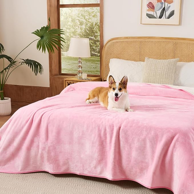 Sunheir Waterproof Blanket for Queen Size Bed - 90"x86" Soft Reversible Sherpa Fleece Flannel Dog Blankets for Large Dogs, Pet Blanket for Bed, Couch, Soft Plush Furniture Protector, Pink by SUNHEIR