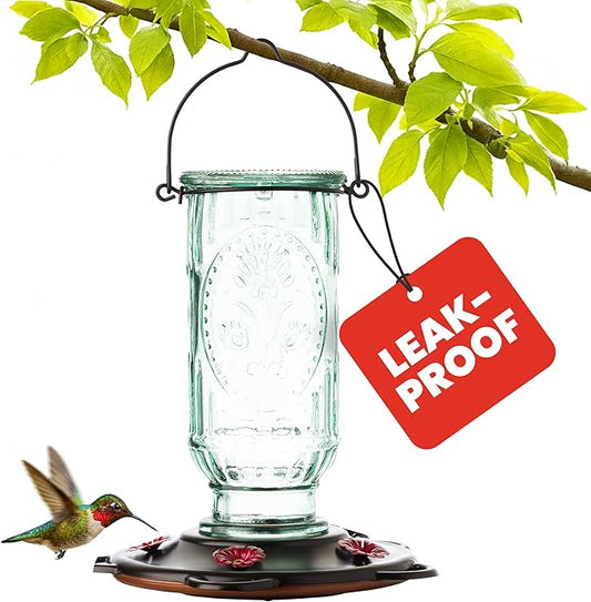 More Birds Vintage Hummingbird Feeder, Antique Glass Bottle, 5 Feeding Ports, 20-Ounce Nectar Capacity