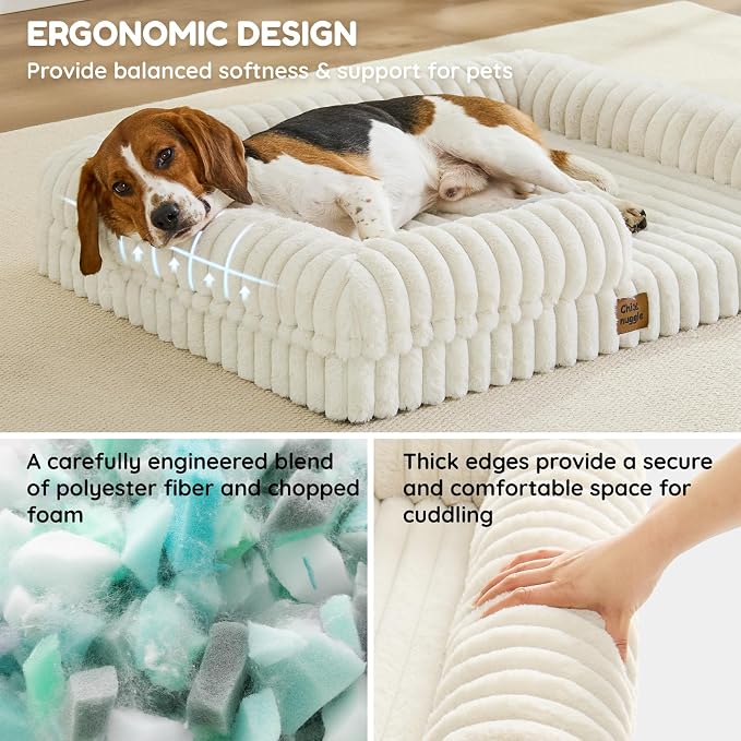 ChiXnuggle Faux Fur Orthopedic Dog Bolster Bed, Waterproof Washable Cover | rectangular dog sofa couch,egg crate foam,non-slip bottom,for large dogs,cream,35*28*7 - Image 2
