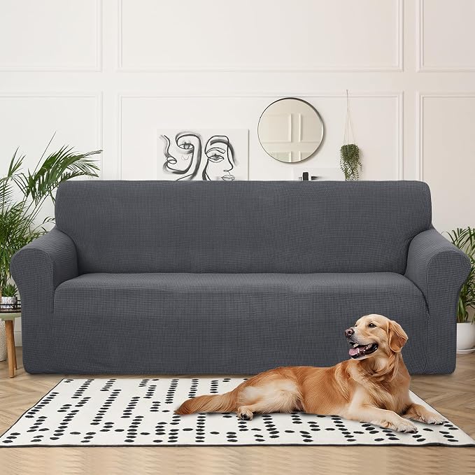 U-NICE HOME 4 Seater Stretch Couch Cover for 3 Cushion Sofa, Dark Grey | 1-Piece Sofa cover, Washable, Pet friendly, Furniture protector, Polyester Spandex Jacquard fabric - Image 2