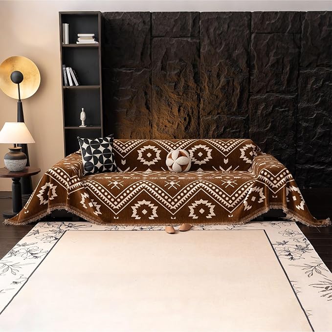 VClife Bohemian Couch Cover Aztec Geometric Chenille Sofa Cover for Sectional Couch - Brown and White Zigzag Pattern Sofa Slipcover for 2 Cushion Couch Sofa 71" X 150" - Image 7