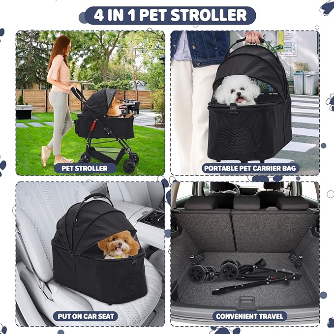 3-in-1 Pet Stroller,Foldable Cat Dog Strollers for Medium Dogs 20KG,Pet Travel Dog Stroller Pushchair with Detachable Carrier Car Seat