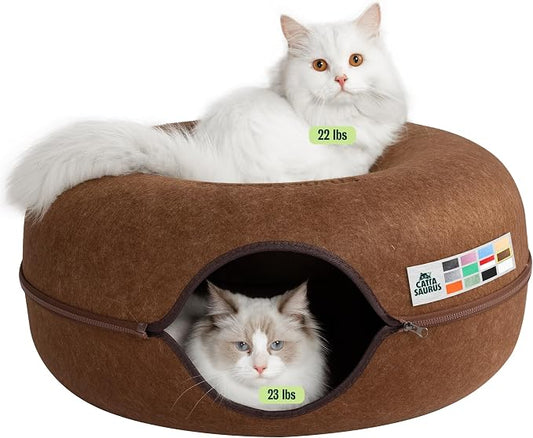 Cattasaurus Peekaboo Cat Cave Donut for Multiple & Large Cats up to 30-45 lbs, 3-in-1 Self Warming Cat Bed, Tunnel & Scratcher for Indoor Cats, Washable & Detachable Small Dog Bed (Brown, Large) by Cattasaurus