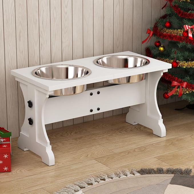 Piskyet Elevated Dog Bowls,Farmhouse Dog Bowls Stand, Raised Dog Bowl with 2 Stainless Steel Wooden Dog Bowls,7 Cups 11''H_55 oz Bowl-White, GWJ-01 - Image 3