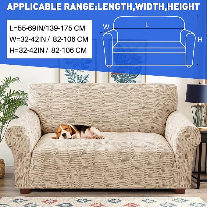YEMYHOM 1 Piece Stretch Couch Covers for 2 Cushion Couch, Jacquard Loveseat Cover with Non-Slip Elastic Bottom, Thickened Slipcover Furniture Protector for Dogs Pets (Medium, Khaki） - Image 2